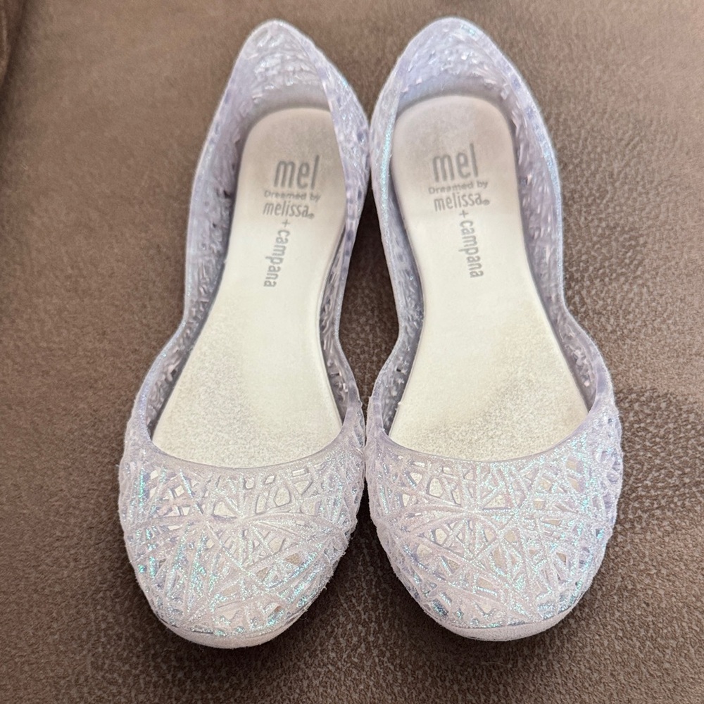 Mini Melissa Girls Mel Campana Zig Zag Glass Glitter Iridescent Slip On Flats 12